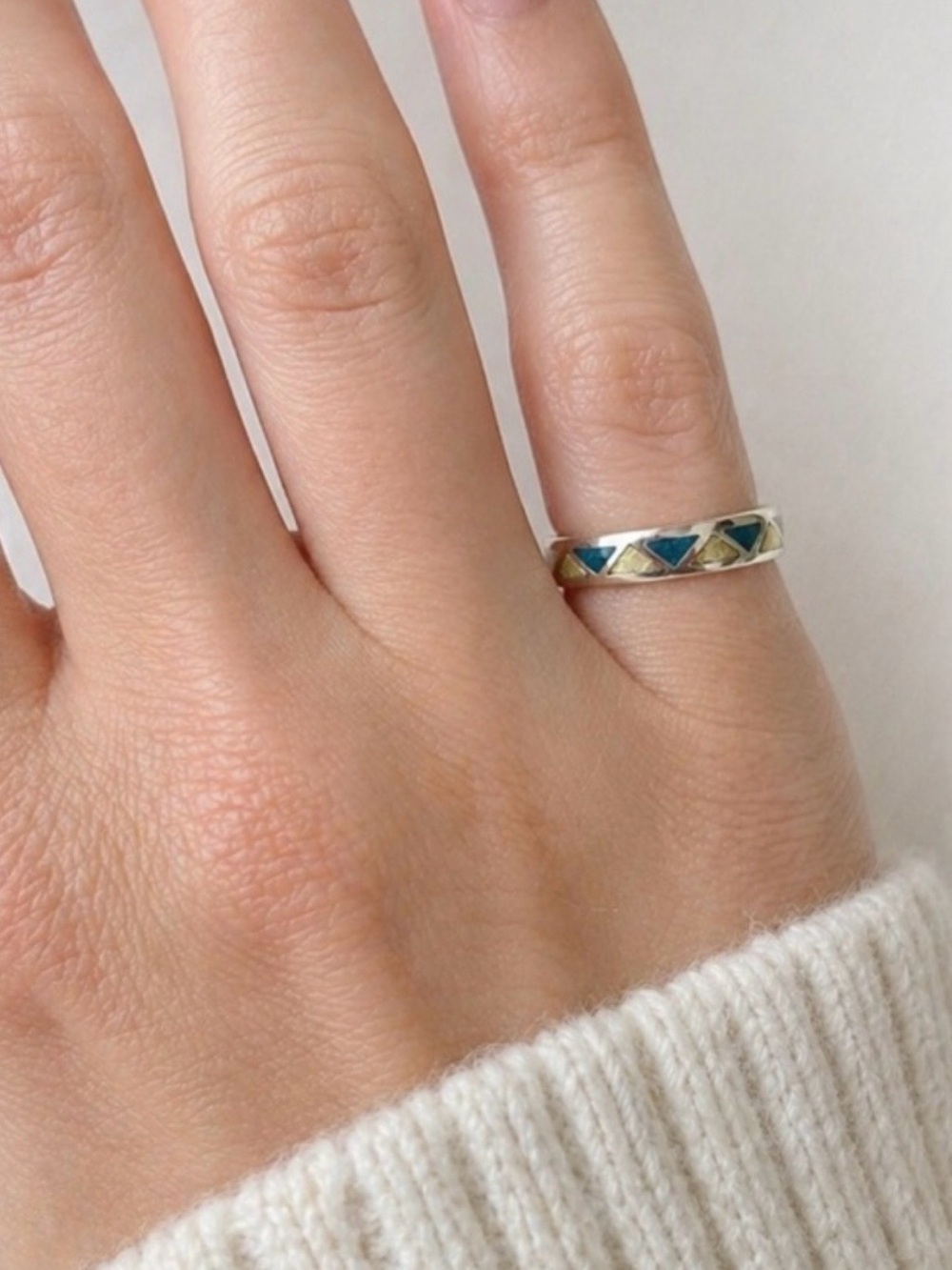 Vintage 925 Sterling Turquoise Inlay Ring Southwestern Band Sz 4.5